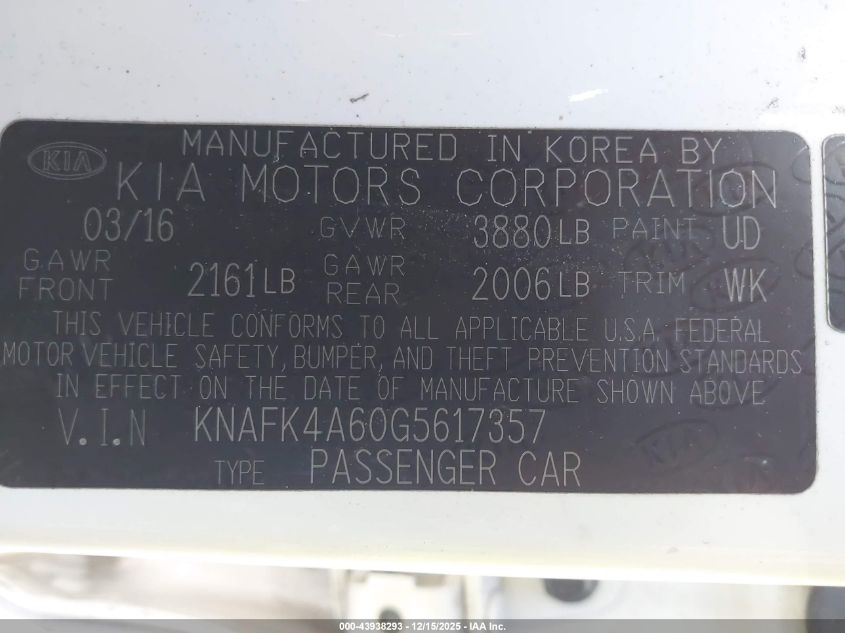 2016 Kia Forte Lx VIN: KNAFK4A60G5617357 Lot: 43938293