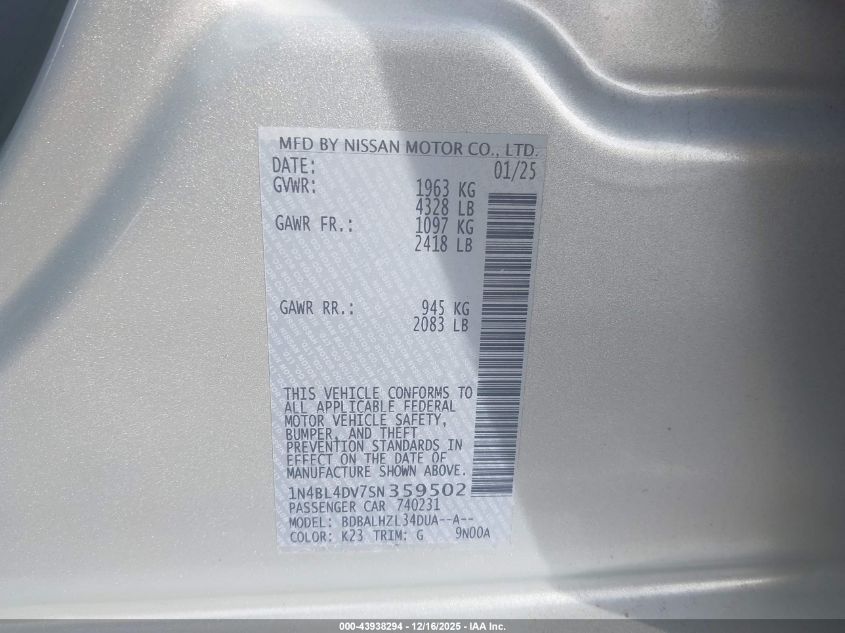 2025 Nissan Altima Sv Fwd VIN: 1N4BL4DV7SN359502 Lot: 43938294