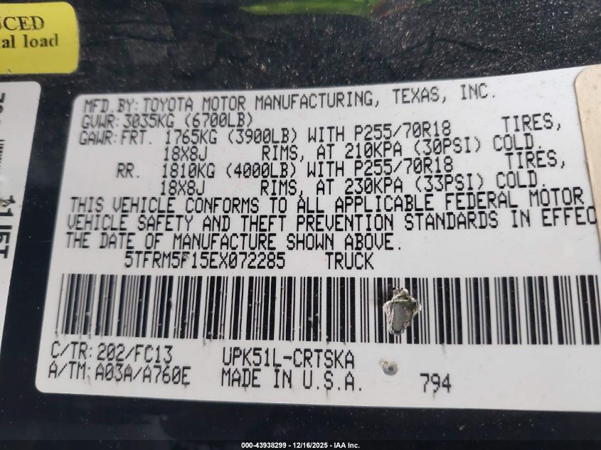 2014 Toyota Tundra Sr5 4.6L V8 VIN: 5TFRM5F15EX072285 Lot: 43938299