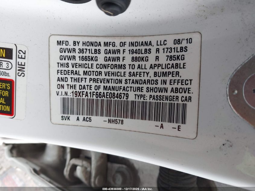 2010 Honda Civic Lx-S VIN: 19XFA1F66AE084679 Lot: 43938300