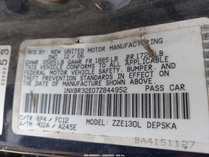 2007 Toyota Corolla S VIN: 1NXBR32E07Z844952 Lot: 43938301