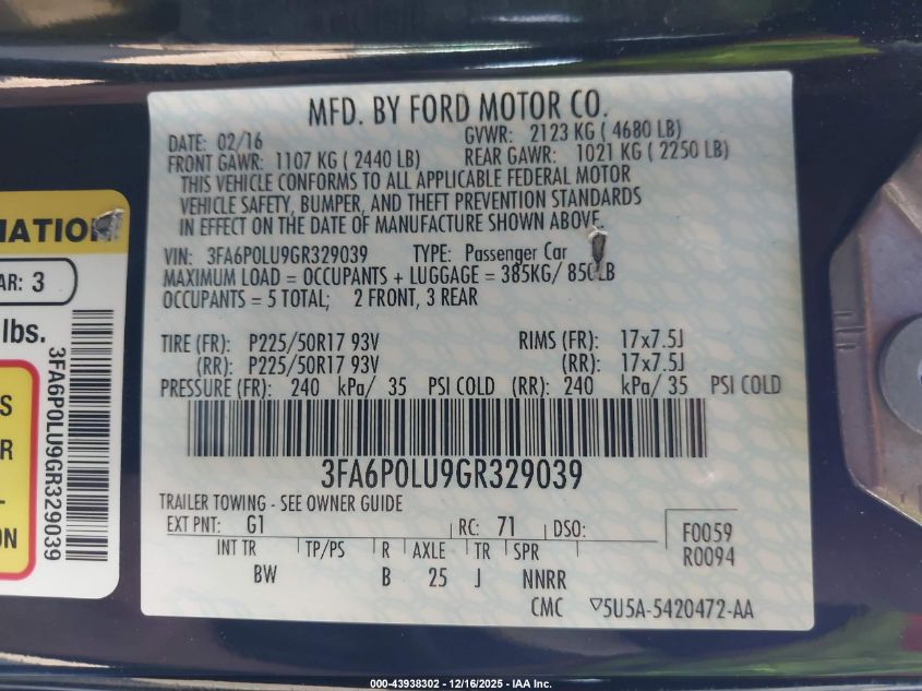 2016 Ford Fusion Hybrid Se VIN: 3FA6P0LU9GR329039 Lot: 43938302