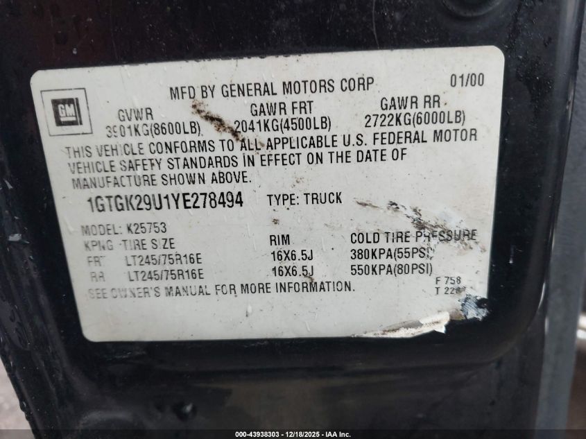 2000 GMC Sierra 2500 Sle VIN: 1GTGK29U1YE278494 Lot: 43938303