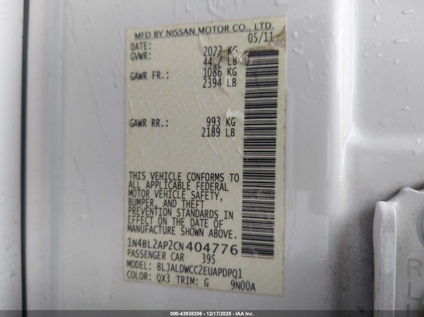 2012 Nissan Altima 3.5 Sr VIN: 1N4BL2AP2CN404776 Lot: 43938306