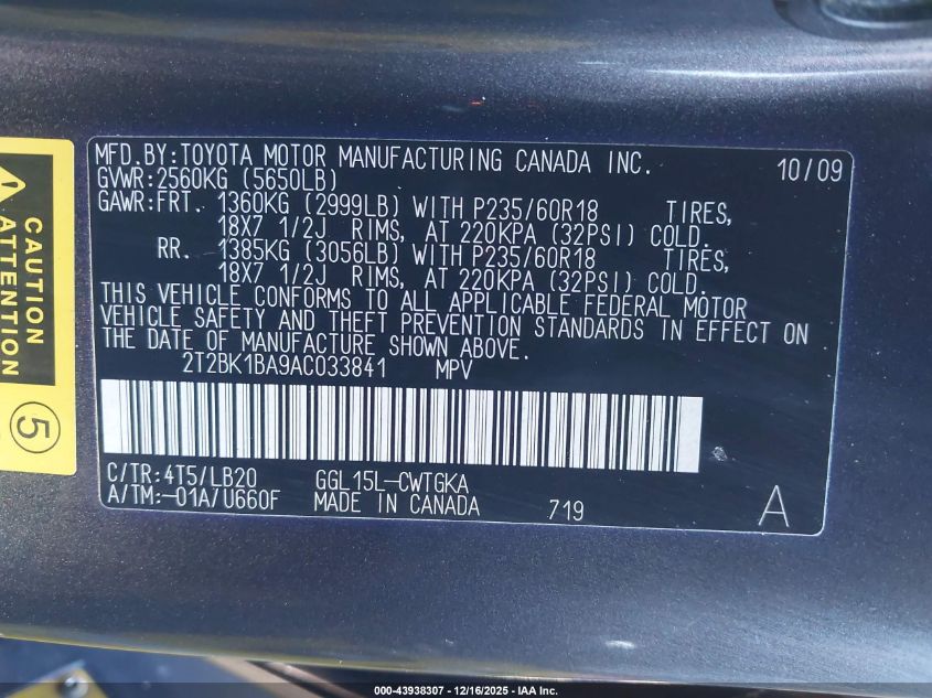 2010 Lexus Rx 350 VIN: 2T2BK1BA9AC033841 Lot: 43938307