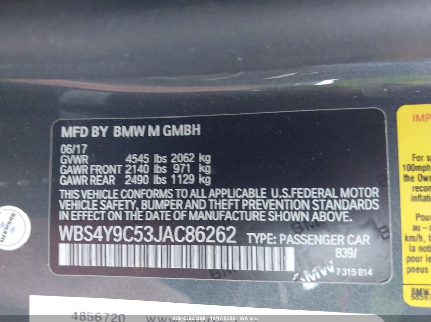 2018 BMW M4 VIN: WBS4Y9C53JAC86262 Lot: 43938309