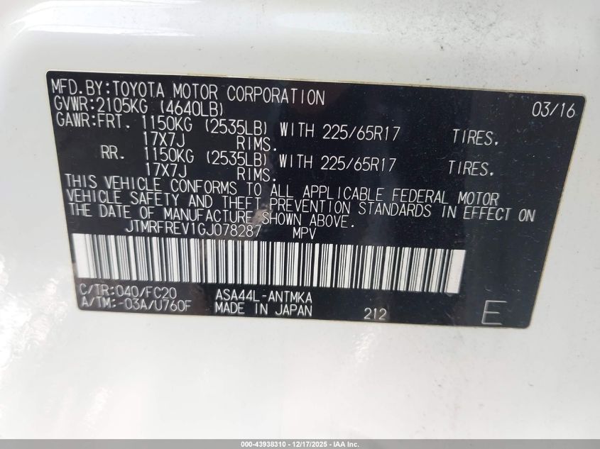 2016 Toyota Rav4 Xle VIN: JTMRFREV1GJ078287 Lot: 43938310