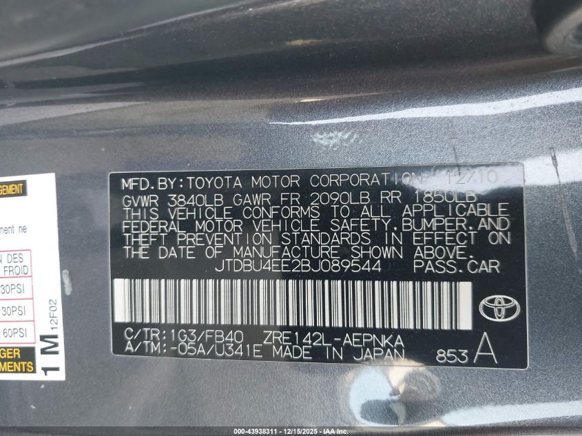 2011 Toyota Corolla Le VIN: JTDBU4EE2BJ089544 Lot: 43938311