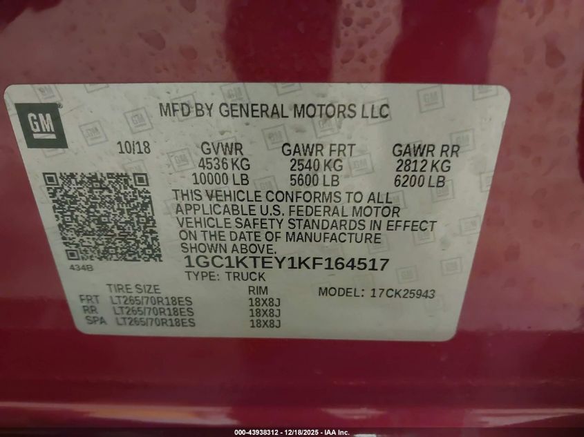 2019 Chevrolet Silverado 2500Hd Ltz VIN: 1GC1KTEY1KF164517 Lot: 43938312