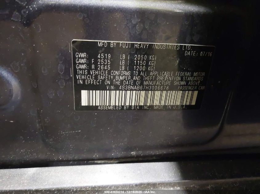 2017 Subaru Legacy 2.5I VIN: 4S3BNAB67H3006678 Lot: 43938314