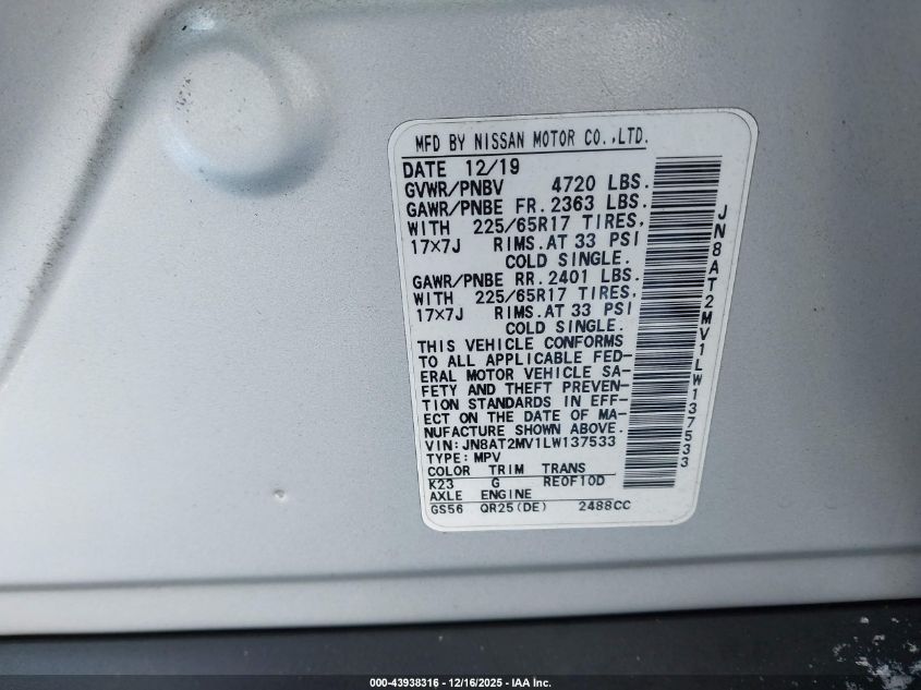 2020 Nissan Rogue Sv Intelligent Awd VIN: JN8AT2MV1LW137533 Lot: 43938316