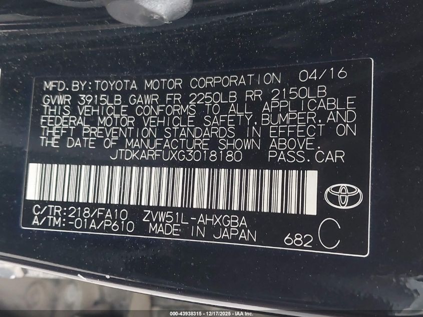 2016 Toyota Prius Three VIN: JTDKARFUXG3018180 Lot: 43938315