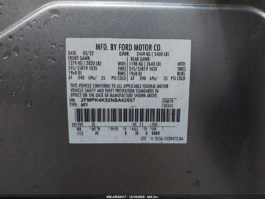 2022 Ford Edge Titanium VIN: 2FMPK4K92NBA62657 Lot: 43938317