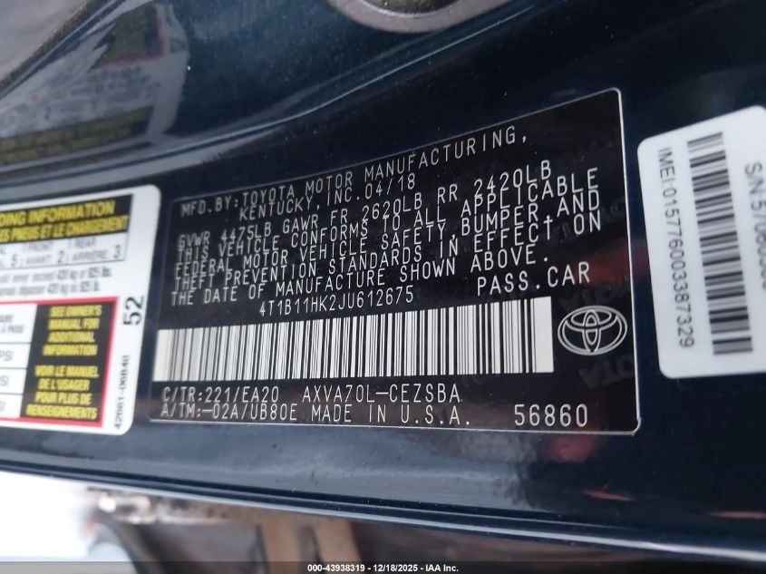 2018 Toyota Camry Se VIN: 4T1B11HK2JU612675 Lot: 43938319