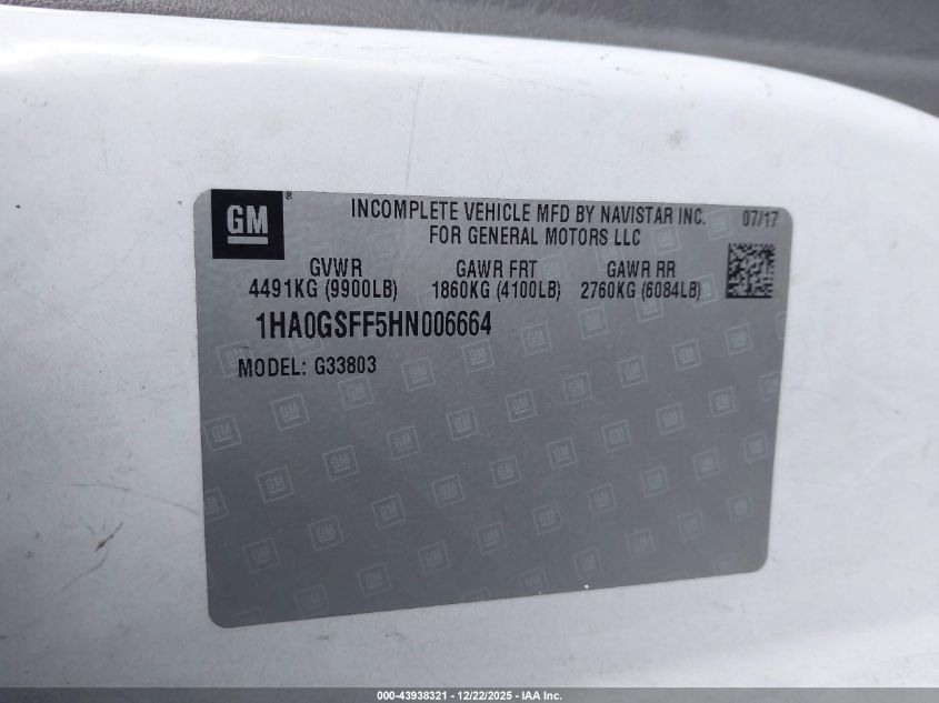 2017 Chevrolet Express Cutaway Work Van VIN: 1HA0GSFF5HN006664 Lot: 43938321