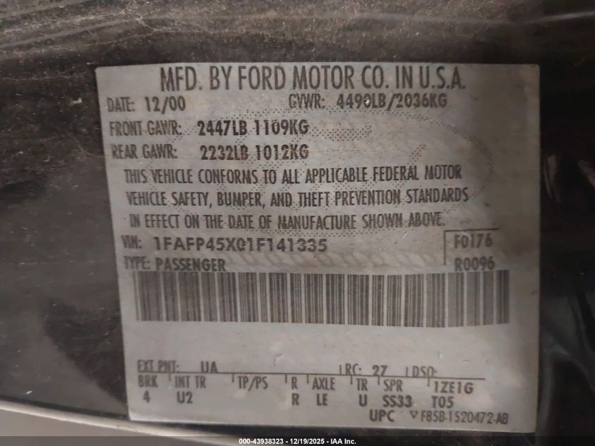 2001 Ford Mustang Gt VIN: 1FAFP45X01F141335 Lot: 43938323