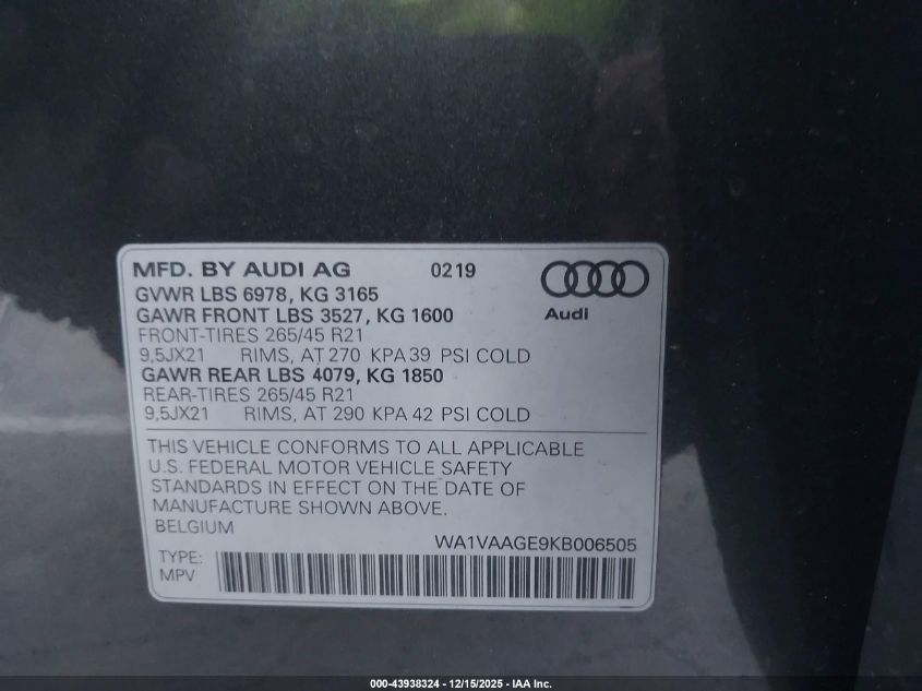 2019 Audi E-Tron Premium Plus VIN: WA1VAAGE9KB006505 Lot: 43938324