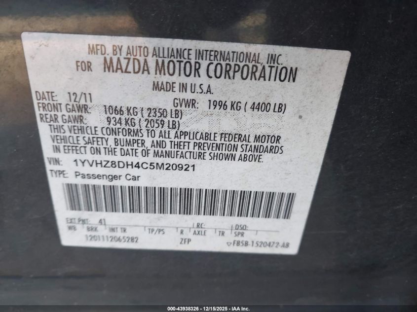 2012 Mazda Mazda6 I Touring VIN: 1YVHZ8DH4C5M20921 Lot: 43938326