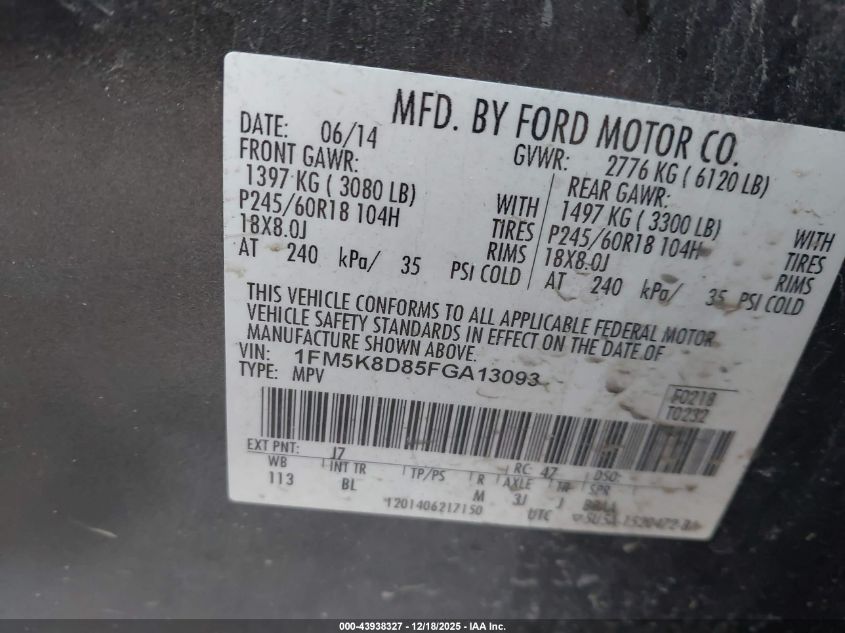 2015 Ford Explorer Xlt VIN: 1FM5K8D85FGA13093 Lot: 43938327