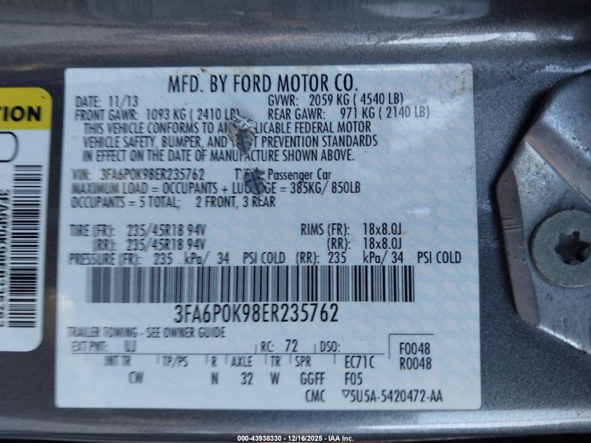 2014 Ford Fusion Titanium VIN: 3FA6P0K98ER235762 Lot: 43938330