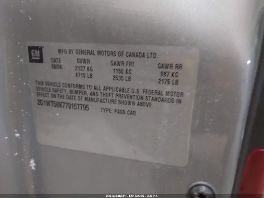 2007 Chevrolet Impala Lt VIN: 2G1WT58K779157795 Lot: 43938331