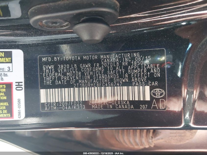 2015 Toyota Corolla S Plus VIN: 2T1BURHE8FC456747 Lot: 43938333