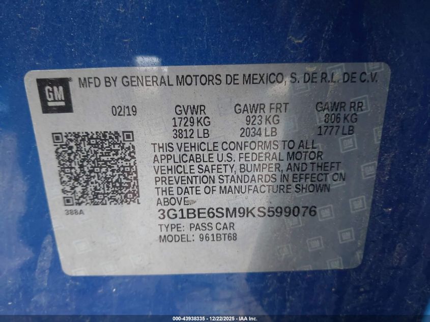 2019 Chevrolet Cruze Lt VIN: 3G1BE6SM9KS599076 Lot: 43938335