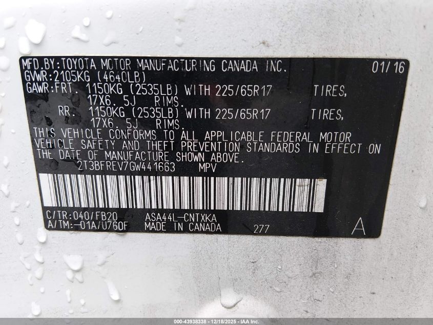 2016 Toyota Rav4 Le VIN: 2T3BFREV7GW441663 Lot: 43938338