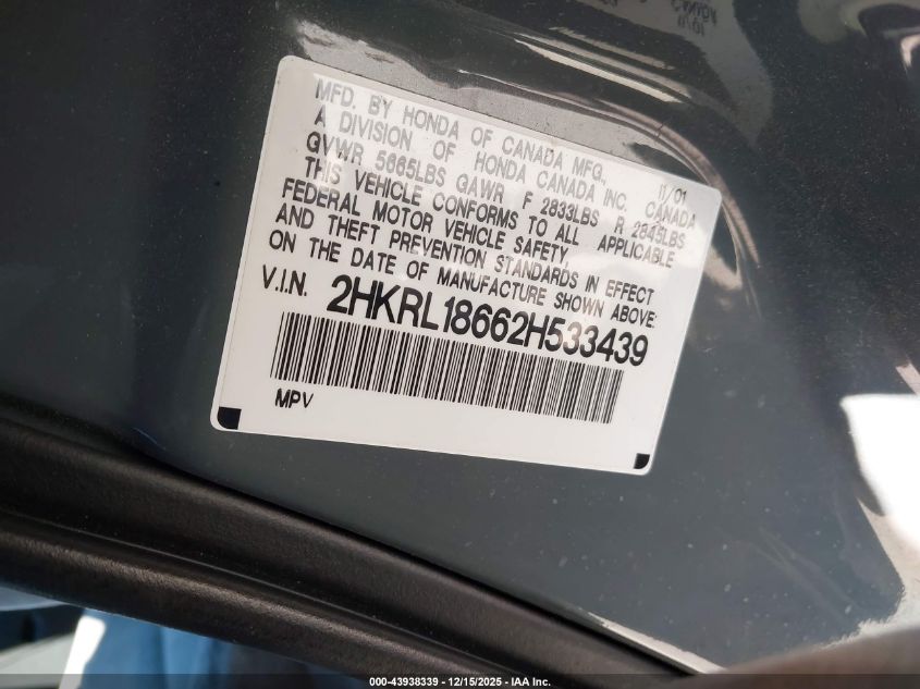 2002 Honda Odyssey Ex VIN: 2HKRL18662H533439 Lot: 43938339