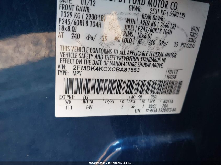 2012 Ford Edge Limited VIN: 2FMDK4KCXCBA81663 Lot: 43938341