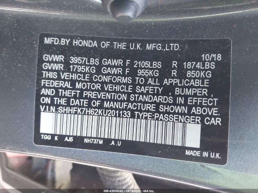 2019 Honda Civic Ex VIN: SHHFK7H62KU201133 Lot: 43938342