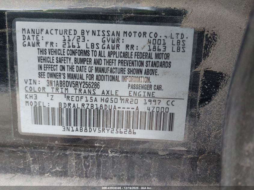 2024 Nissan Sentra Sr Xtronic Cvt VIN: 3N1AB8DV5RY256286 Lot: 43938346