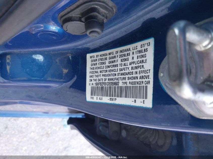 2013 Honda Civic Ex VIN: 19XFB2F81DE059682 Lot: 43938347