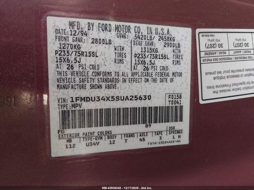 1995 Ford Explorer VIN: 1FMDU34X5SUA25630 Lot: 43938348