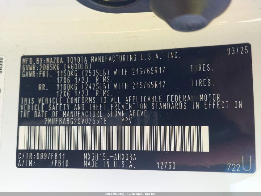 2025 Toyota Corolla Cross Hybrid S VIN: 7MUFBABG2SV075518 Lot: 43938349