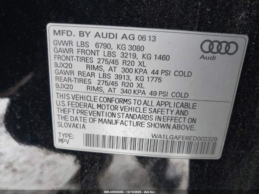 2014 Audi Q7 3.0T Premium VIN: WA1LGAFE6ED002329 Lot: 43938350