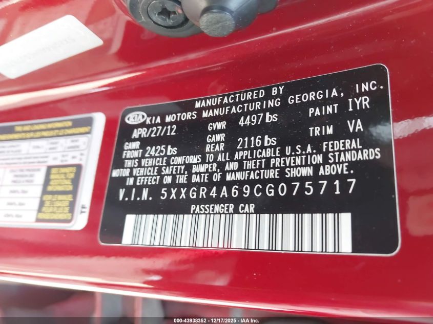 2012 Kia Optima Sx VIN: 5XXGR4A69CG075717 Lot: 43938352