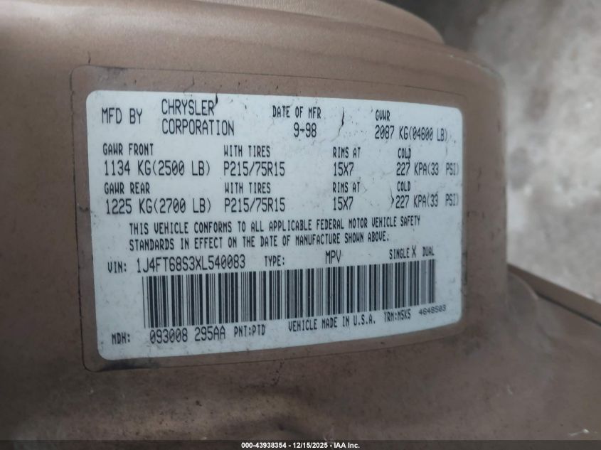 1999 Jeep Cherokee Classic/Sport VIN: 1J4FT68S3XL540083 Lot: 43938354