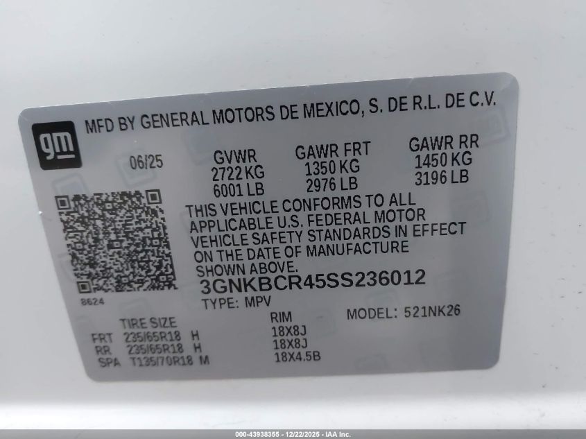 2025 Chevrolet Blazer Fwd 2Lt VIN: 3GNKBCR45SS236012 Lot: 43938355