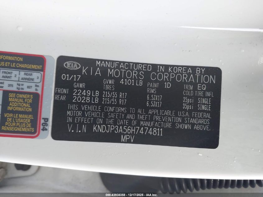 2017 Kia Soul + VIN: KNDJP3A56H7474811 Lot: 43938358