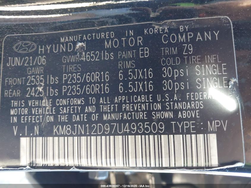 2007 Hyundai Tucson Limited/Se VIN: KM8JN12D97U493509 Lot: 43938357