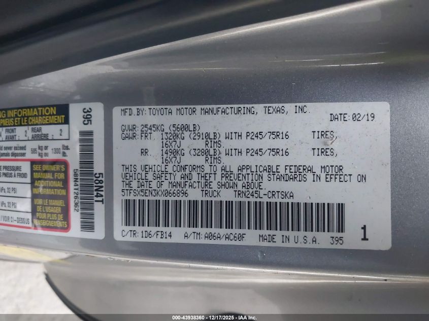2019 Toyota Tacoma Sr VIN: 5TFSX5EN3KX066896 Lot: 43938360