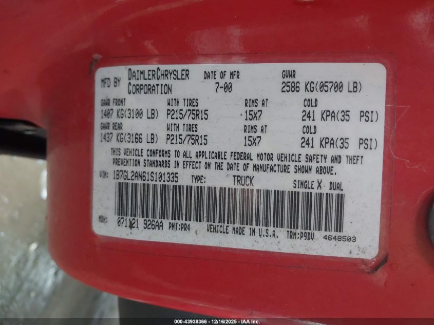 2001 Dodge Dakota Slt/Sport VIN: 1B7GL2AN61S101335 Lot: 43938366