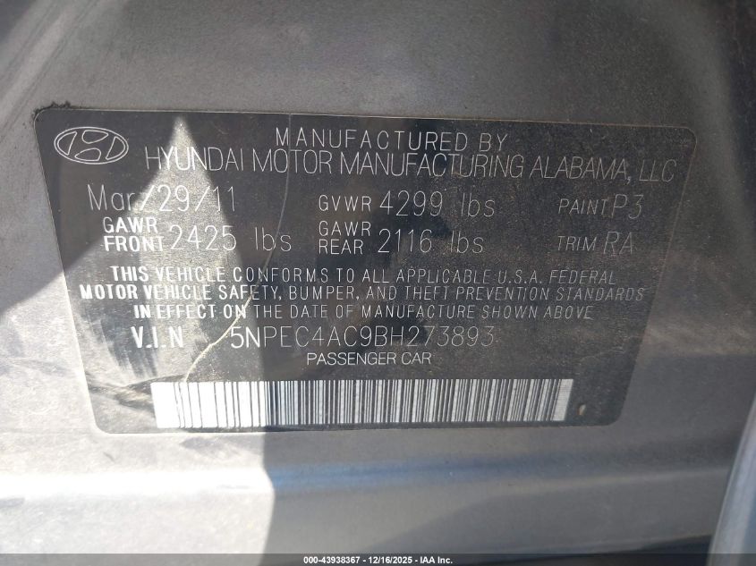 2011 Hyundai Sonata Se VIN: 5NPEC4AC9BH273893 Lot: 43938367