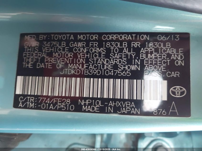 2013 Toyota Prius C One VIN: JTDKDTB39D1047565 Lot: 43938368