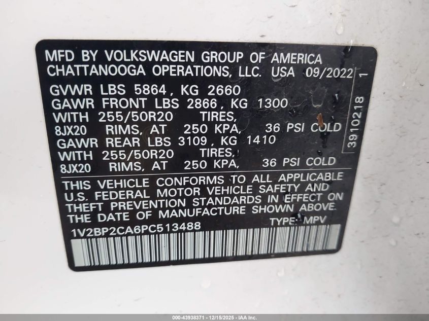 2023 Volkswagen Atlas 2.0T Sel VIN: 1V2BP2CA6PC513488 Lot: 43938371
