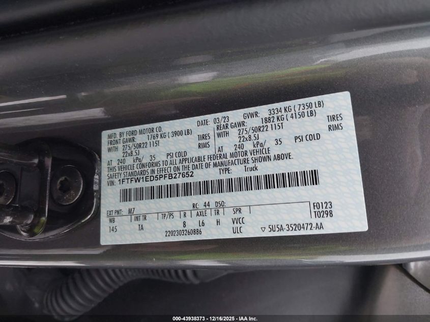 2023 Ford F-150 Limited VIN: 1FTFW1ED5PFB27652 Lot: 43938373