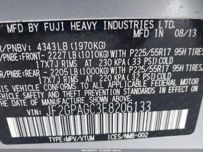 2014 Subaru Xv Crosstrek 2.0I Limited VIN: JF2GPAGC3E8206133 Lot: 43938377