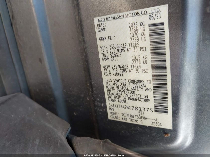 2021 Nissan Rogue Sv Fwd VIN: 5N1AT3BA7MC781375 Lot: 43938385