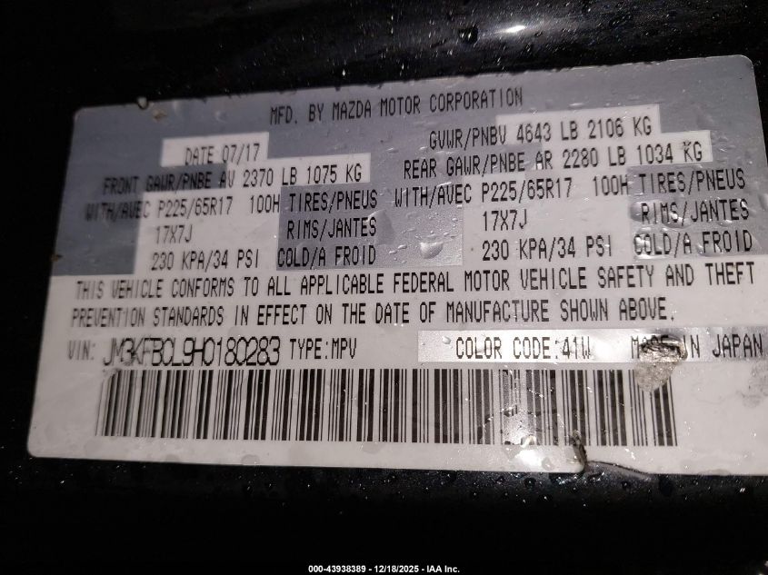 2017 Mazda Cx-5 Touring VIN: JM3KFBCL9H0180283 Lot: 43938389